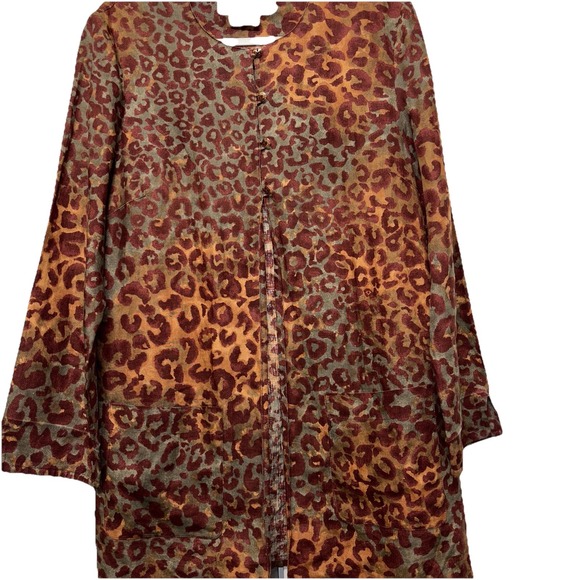 Jaeger UK Flax Linen Leopard‎ Midi Blazer Chore Pockets SzM Lagenlook Oversized - Picture 3 of 6